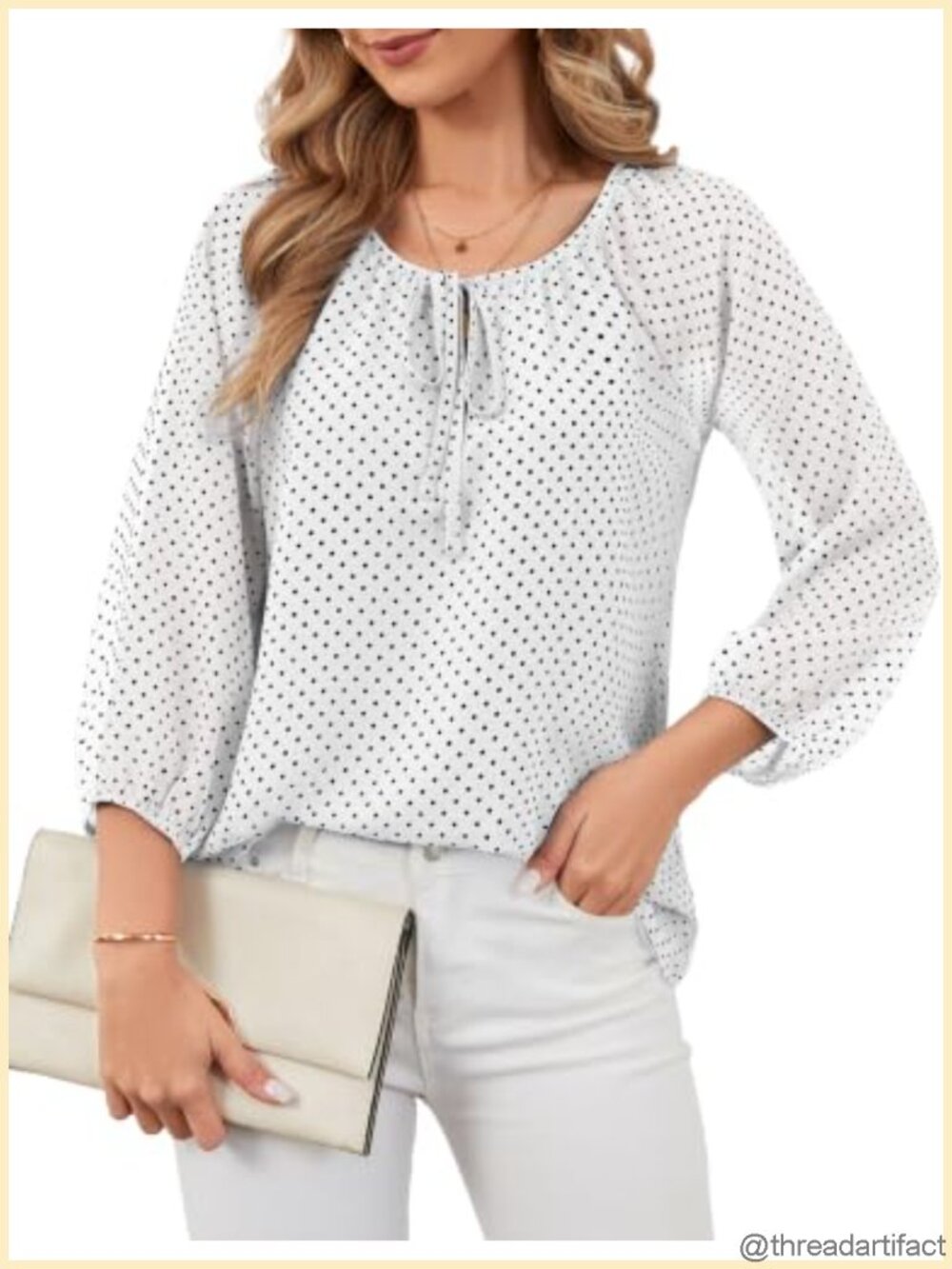 Chiffon Blouse Polka Dot Tie Neck 3/4 Sleeve Dressy Casual Work Top